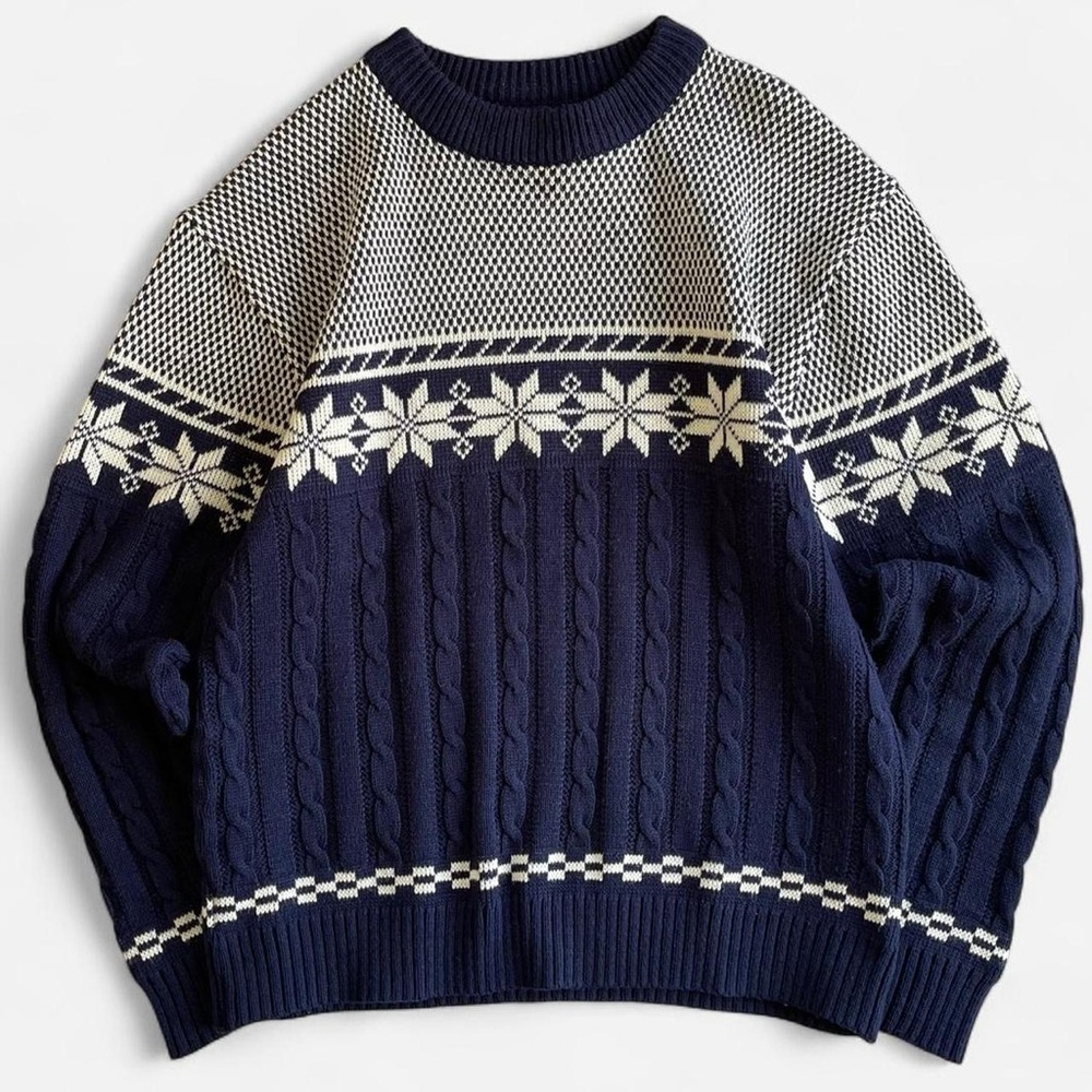 Vintage JC Penney Navy Blue White Snowflake Knit Sweater M
